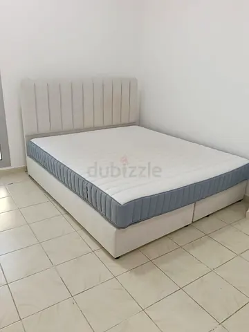 Queen size bed frame with mattress - light grey, good condition