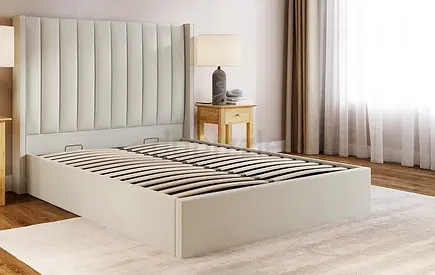 Upholstered King Size Bed Frame with Padded Headboard - Cream