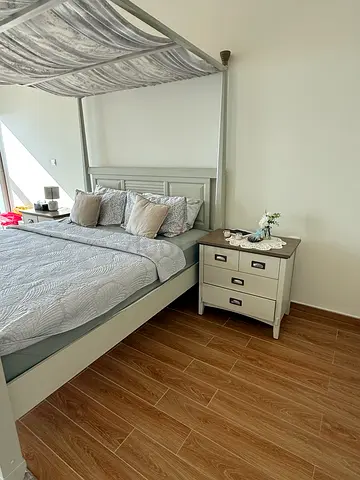 king-size wooden bed frame with mattress and bedside table - light grey 180/ 200 cm