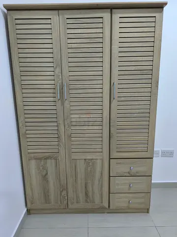 3-Door Wooden Wardrobe with 3 Drawers - Light Oak Finish
