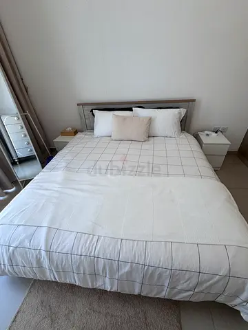 Queen bed with mattress and bedding set - good condition