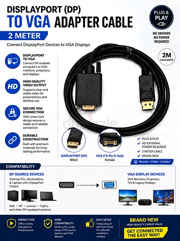 DisplayPort (DP) to VGA Adapter Cable - 2m, Plug  Play