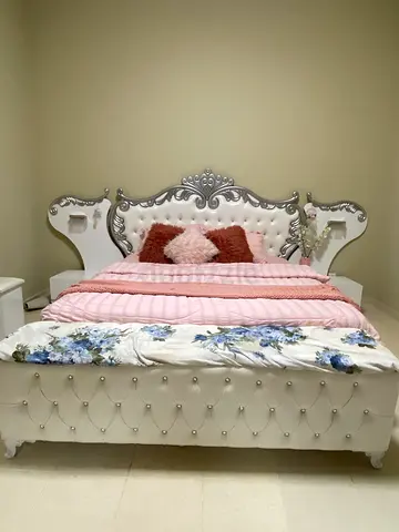 King ornate tufted bed frame with headboard and footboard, wardrobe and dressing table with storage