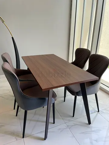Wooden Dining Table with 4 Upholstered Chairs - Modern Set
