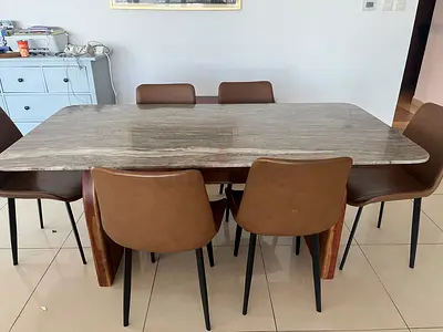 Solid Wood Dining Table with Marble Top and 6 Brown Chairs