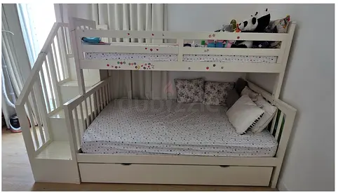 White Wooden Bunk Bed with Stairs and Trundle - Good Condition