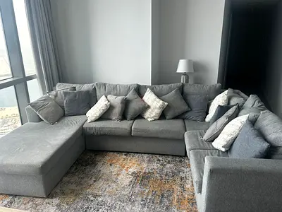 Large u-shaped Grey Fabric Sectional Sofa with Ottoman (Good Condition)