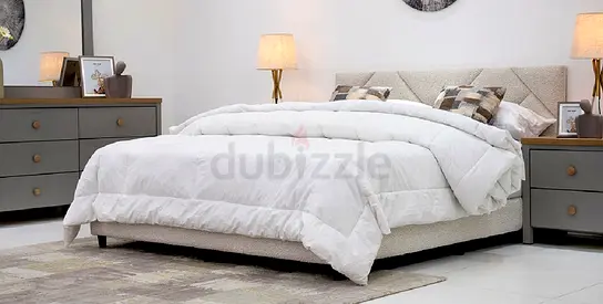 Queen fabric upholstered bed with mattress - barely used QUICK SALE