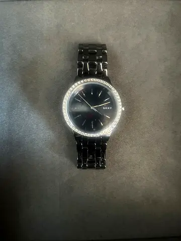 Black DKNY ceramic-look ladies watch with crystal bezel