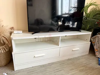 White TV Unit / TV Table / Entertainment Console with Drawers, Good Condition