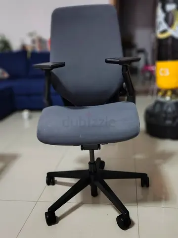 Grey ergonomic office chair with adjustable armrests and wheels