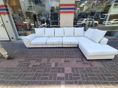 Large White L-Shaped Corner Sofa with Chaise - Good Condition