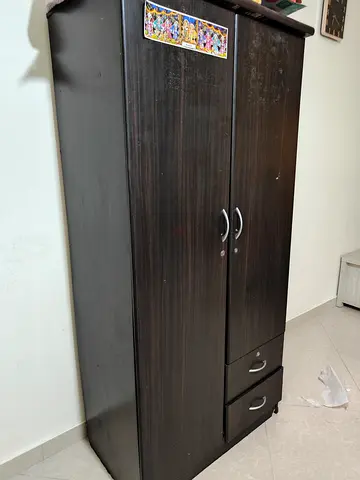 Dark Wood 2-Door Wardrobe with 2 Drawers - Good Condition