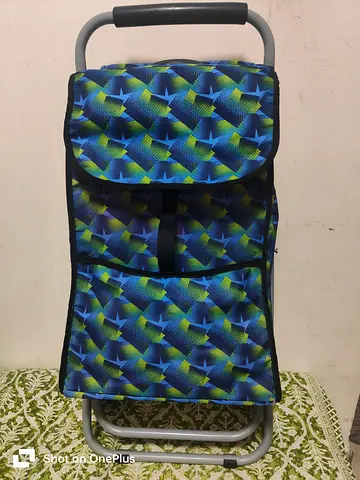 Folding Shopping Trolley Cart with Fabric Bag - Blue/Green Pattern