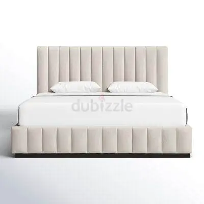 Light Beige Upholstered King Size Bed with Channel-Tufted Headboard