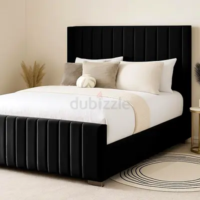 Black Upholstered Queen Bed with Vertical Channel Headboard