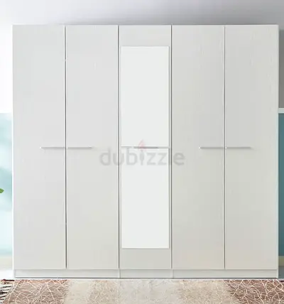 White 5-Door Wardrobe with Central Mirror - Excellent Condition