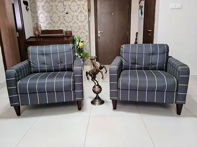 Pair of Grey Striped Armchairs — Good Condition