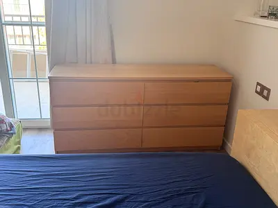 Bedroom set including bed with mattress and 2 Modern Light Oak Finish 6-Drawer Dressers Ikea