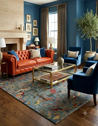 252x293cm 8x10ft  Large blue handmade patterned rug with bird designs afghan wool carpet living room