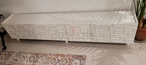 Modern White TV Stand with Textured Geometric Design