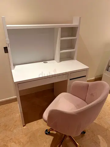 White Study Desk with Overhead Shelf and Pink Swivel Chair — Good Condition