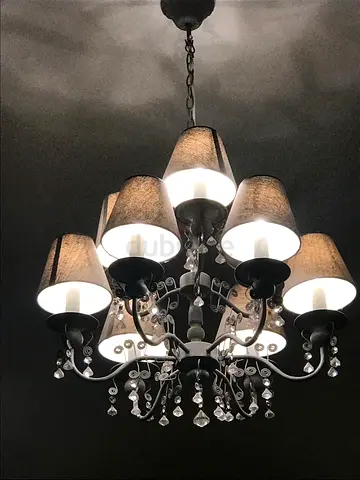 9-Arm Gray Chandelier with linen Fabric Shades - Elegant Ceiling Light