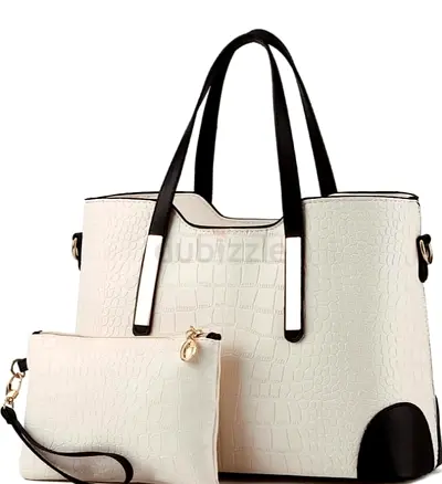 White textured tote bag with matching clutch - set of 2