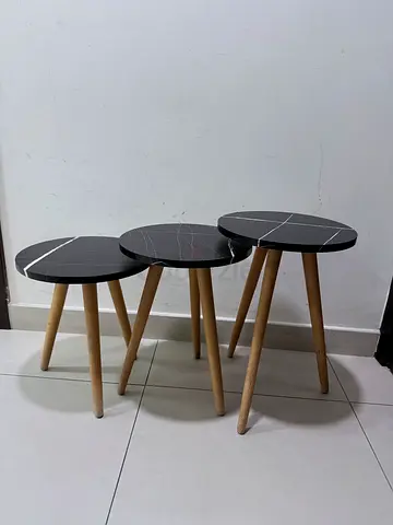 Set of 3 Black Marble-Top Nesting Side Tables with Wooden Legs