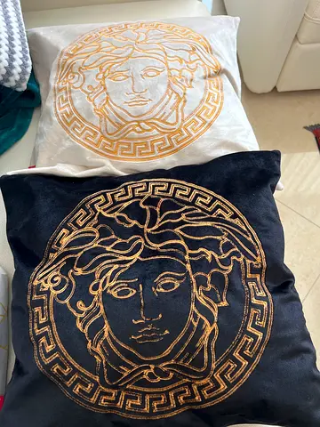 Set of 2 decorative velvet Versace Medusa cushions (black  white) with gold embroidery