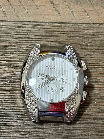 Western big size silver mens watch with crystal accents