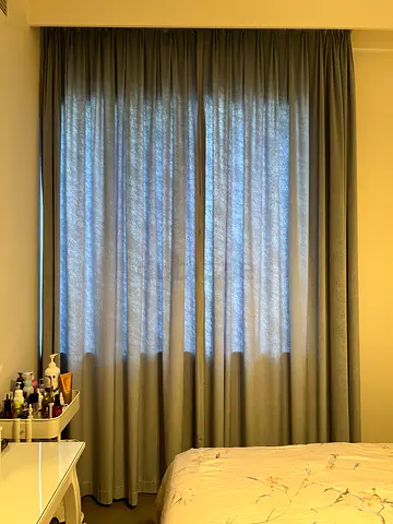 Light-blocking grey fabric curtains — good condition-velvet like