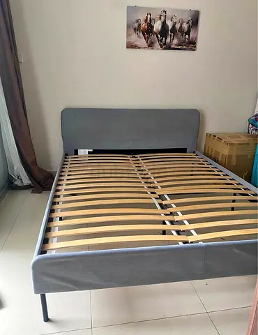 Grey Fabric queen Bed Frame with Slatted Base (No Mattress)