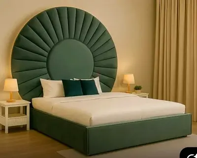 Green Velvet King Bed with Oversized Circular Headboard