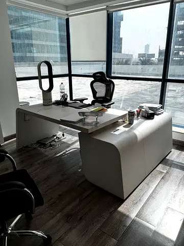 Used modern office desk with storage and chairs - good condition