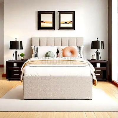 Queen Size upholstered bed frame with headboard and storage base - beige