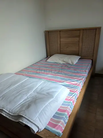 Two wooden twin bed frames with headboard and mattresses (used) + side table + dresser and mirror.