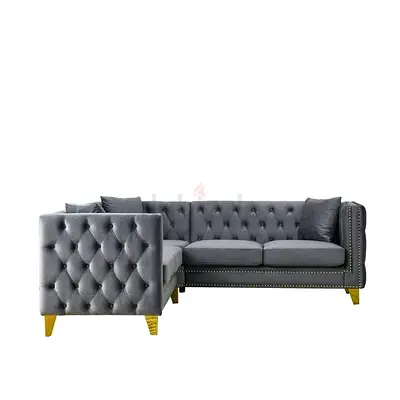 Grey Velvet L-shaped Tufted Corner Sofa with Gold Legs