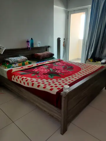 Queen size wooden bed frame with headboard and mattress - good condition