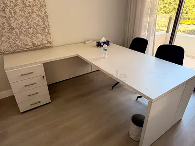 Large White Double Office Desk with Storage Drawer