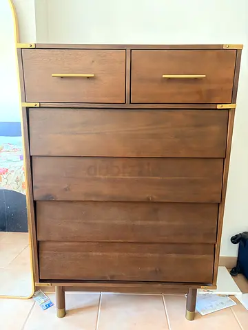Solid Wood Tall Dresser / Chest of Drawers - 4 Drawers, 2 Small Drawers, Brass Accents