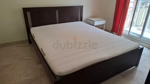 Queen size wooden bed frame with mattress - dark brown
