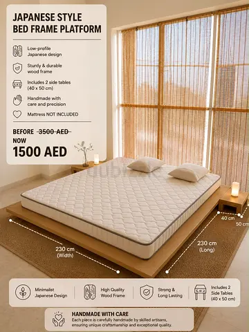 Japanese-style Low Profile Wooden Bed Frame Platform with 2 Side Tables (230x230 cm)
