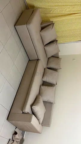 Beige L-shaped Corner Sofa — Comfortable 6-seater with Cushions