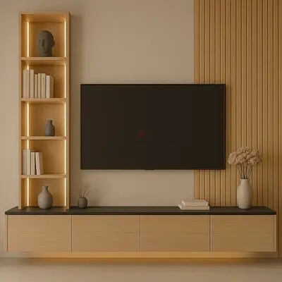 Modern wall-mounted TV unit with built-in shelving and LED lighting