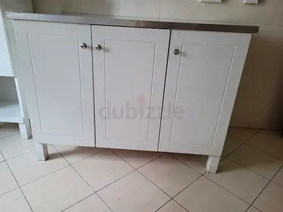 White Kitchen Cabinet with Stainless Steel Top - 3 Doors