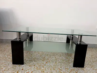 Modern Glass Coffee Table with Lower Glass Shelf and Black Block Legs