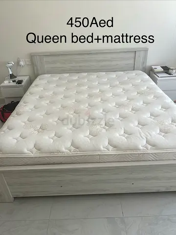 Queen bed frame with mattress - light grey, good condition