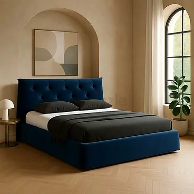 Modern Navy Blue Velvet Bed Frame with Tufted Headboard