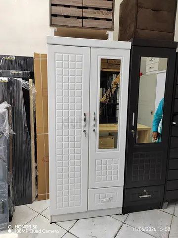 White 2-Door Wardrobe with Mirror and Drawer - Good Condition
